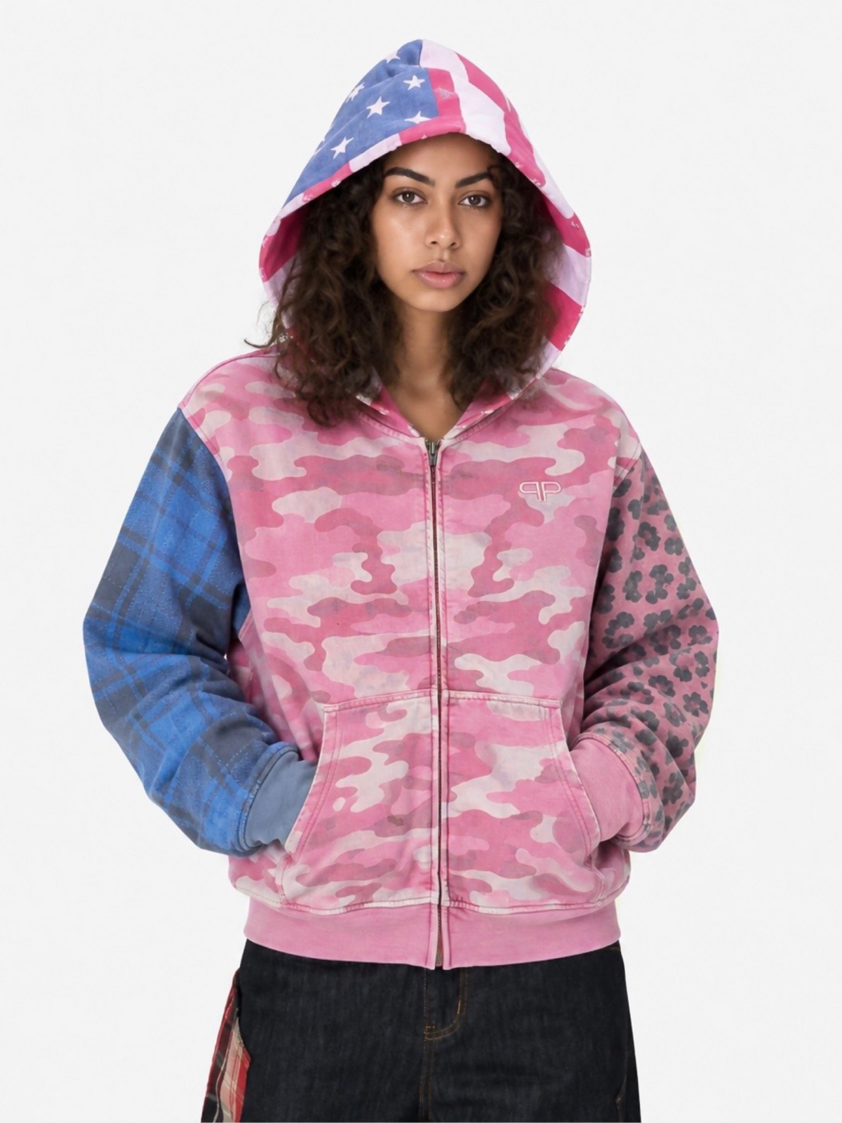 Camo Patchwork Zip Hoodie - Pink Camo