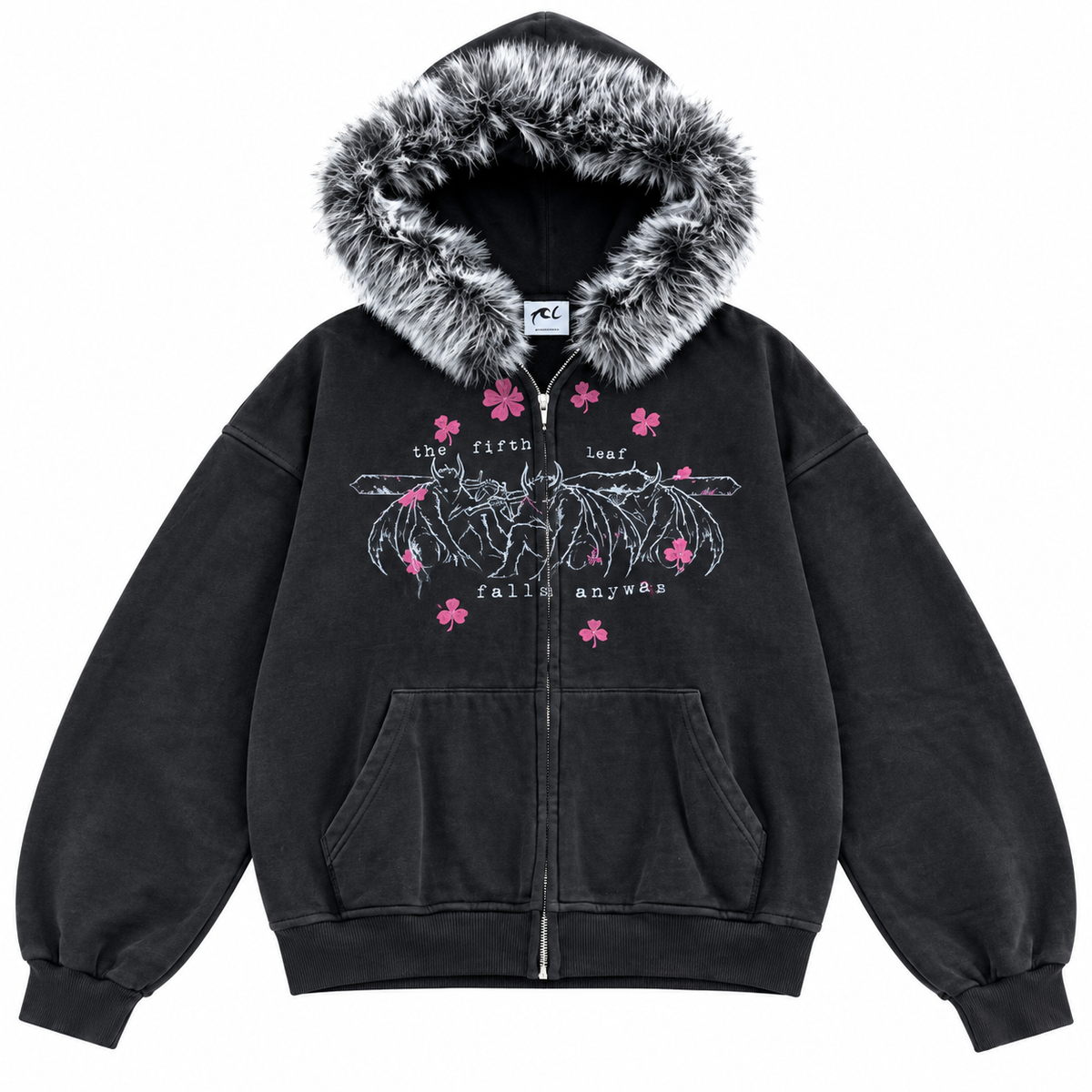Fur Trim Zip Hoodie - Black