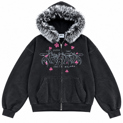 Fur Trim Zip Hoodie - Black