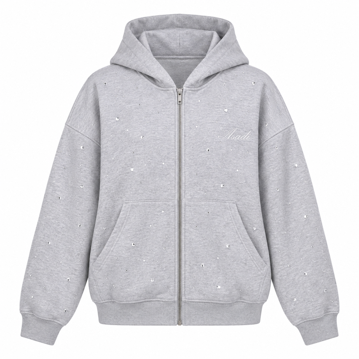 Rhinestone Zip — Heather Gray — Front