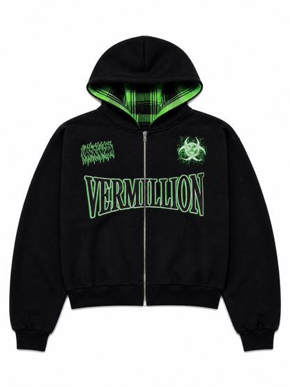 Two-Way Plaid Graphic Zip Hoodie