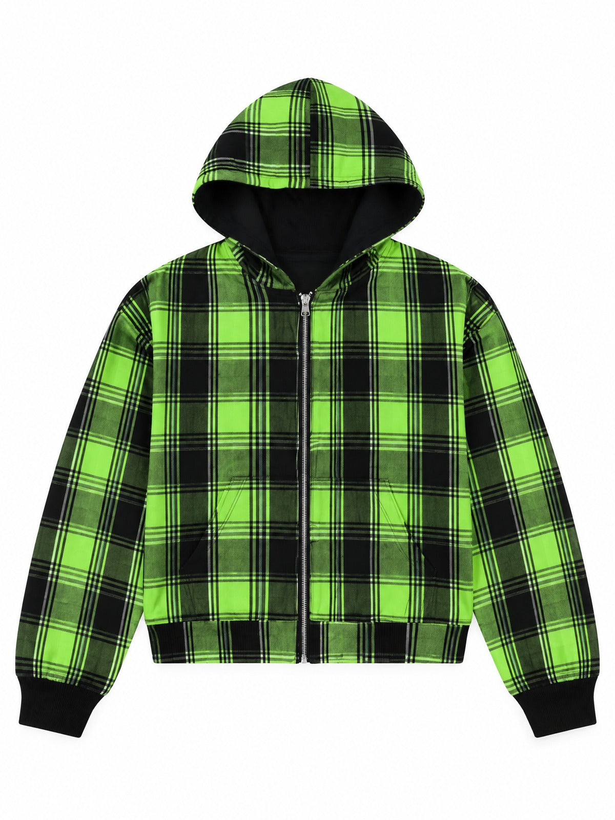 Two-Way Plaid Graphic Zip Hoodie