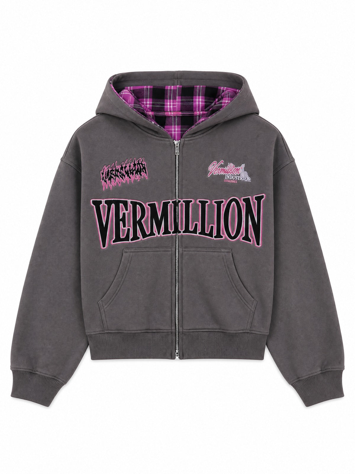 Two-Way Plaid Graphic Zip Hoodie