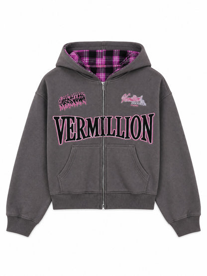 Two-Way Plaid Graphic Zip Hoodie