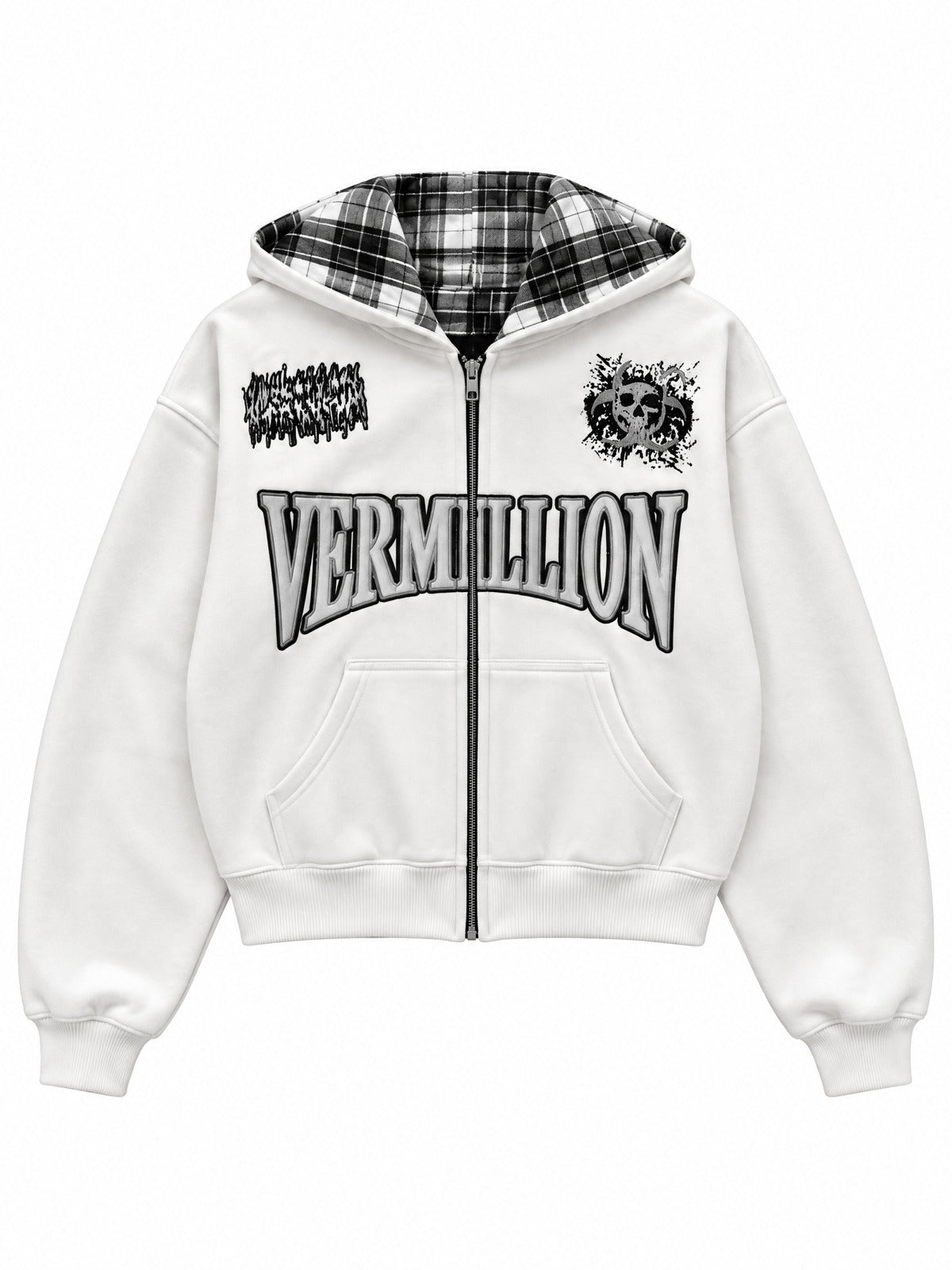 Two-Way Plaid Graphic Zip Hoodie