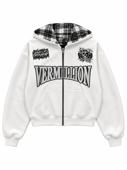 Two-Way Plaid Graphic Zip Hoodie